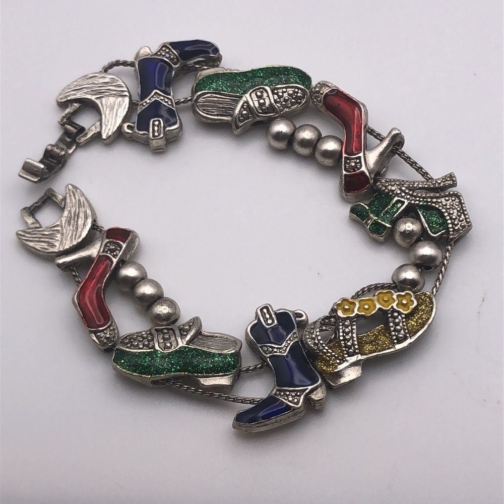 Vintage TOFA Silver Tone Slider Charm Bracelet Shoes Boots .